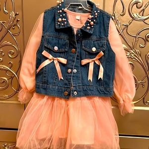 NWOT Pink Tulle Girl Dress with Denim Vest